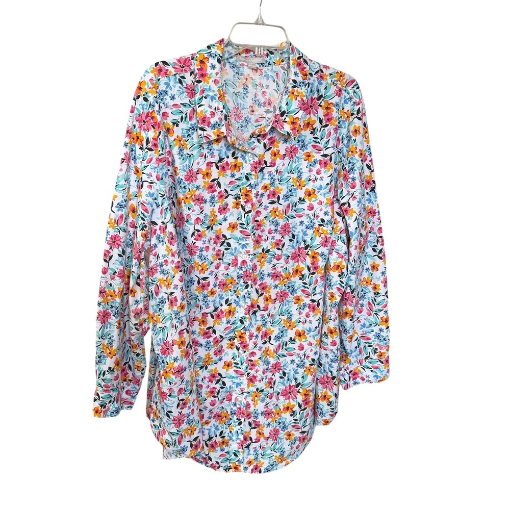 Woman Within 3X Ditsy Floral Button Down Shirt Long Sleeve Cotton Multicolor